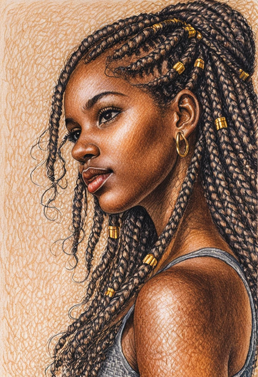 Color pencil portrait of a braided haired African girl