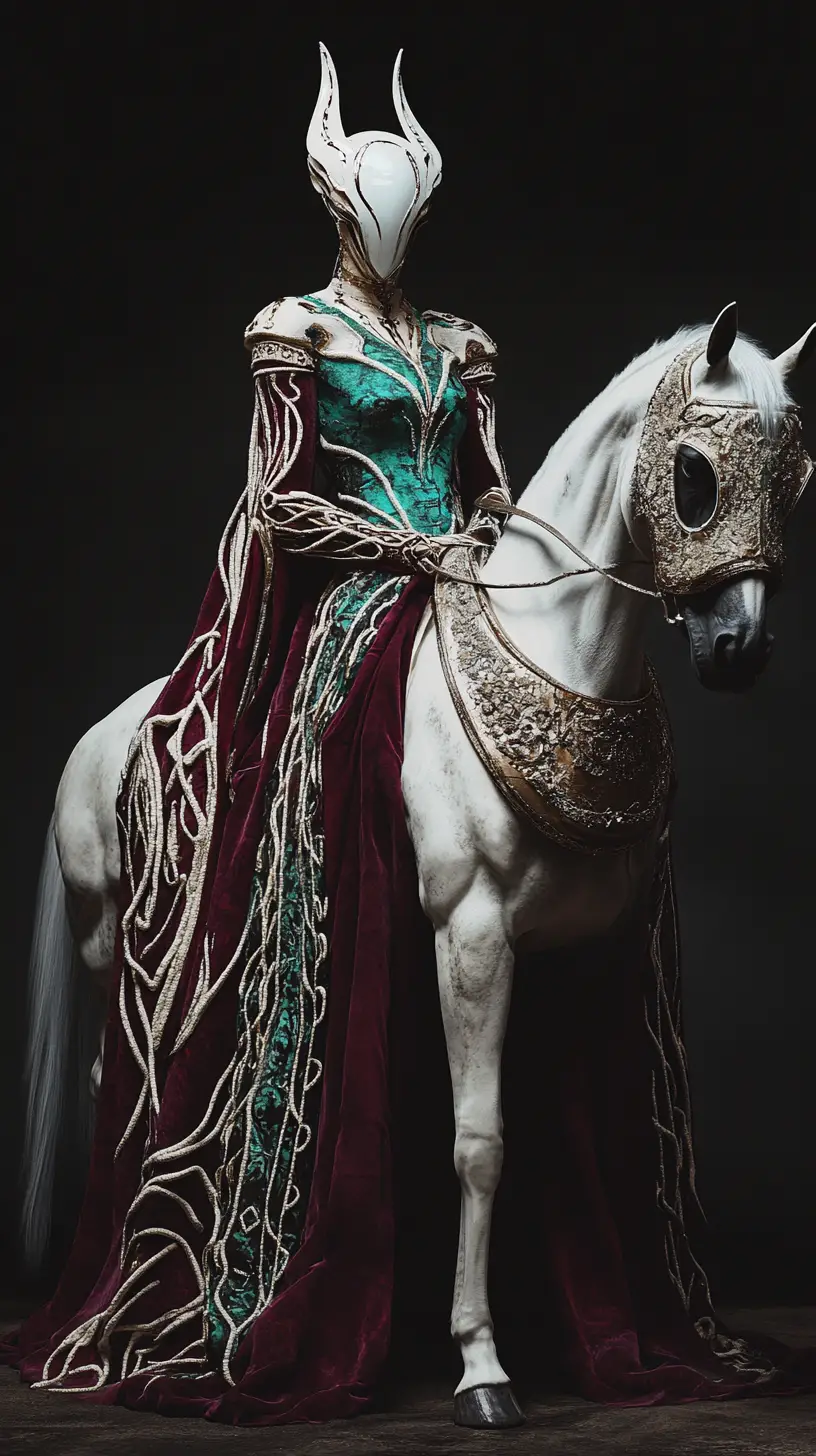 Surreal armored woman on white horse in dark void