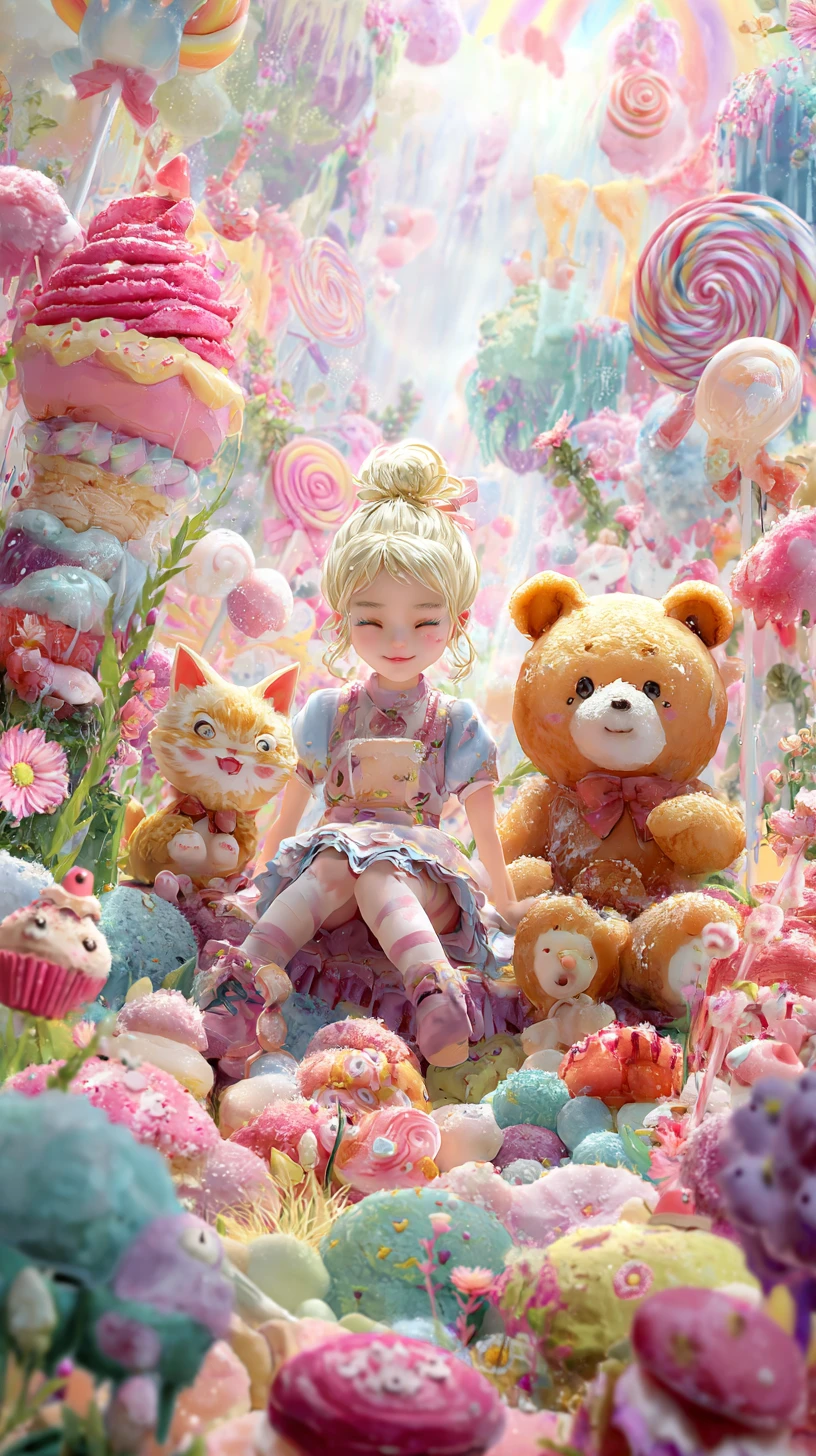 Niña en una tierra mágica de dulces con animales adorables