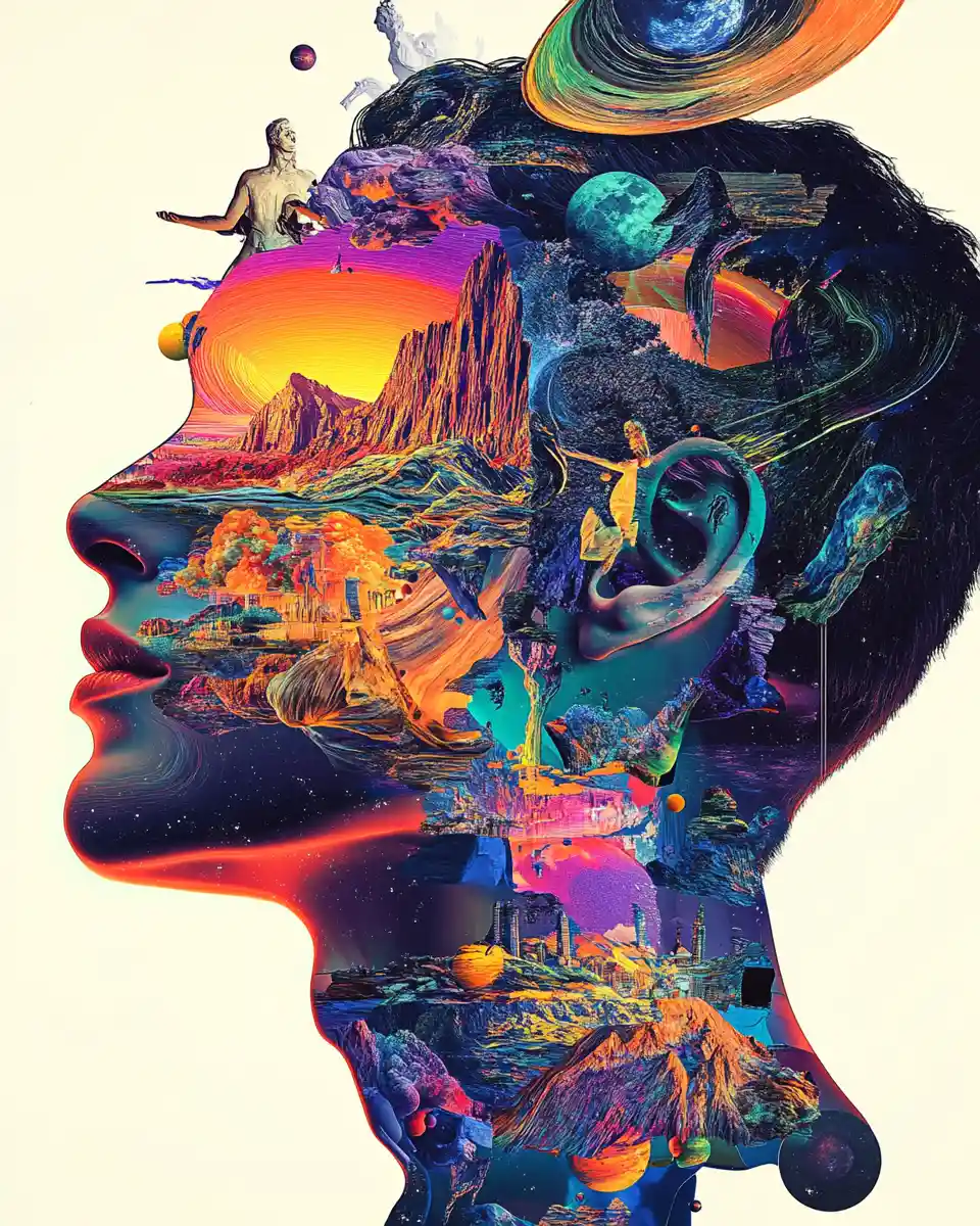 Surreal digital portrait made of landscapes and abstract shapes