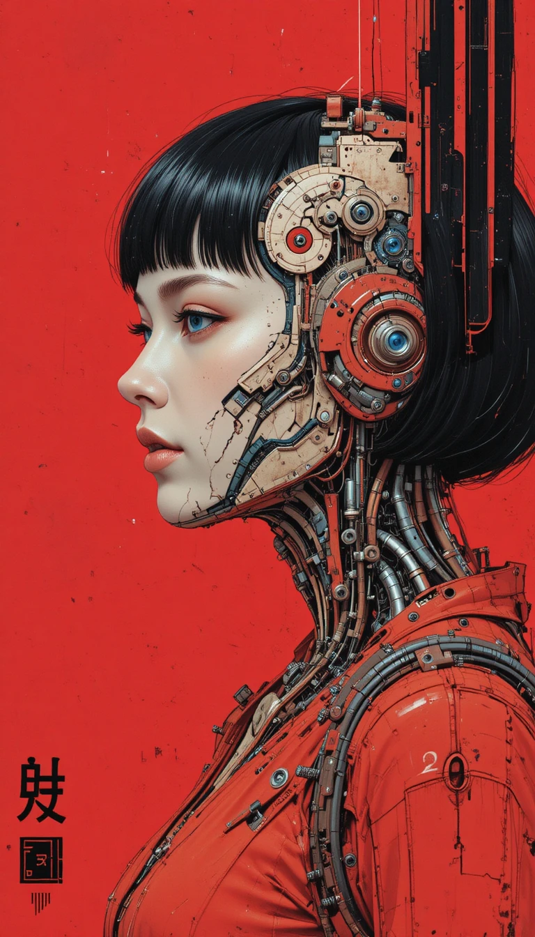 Profile portrait of a female cyborg against bold red graphics