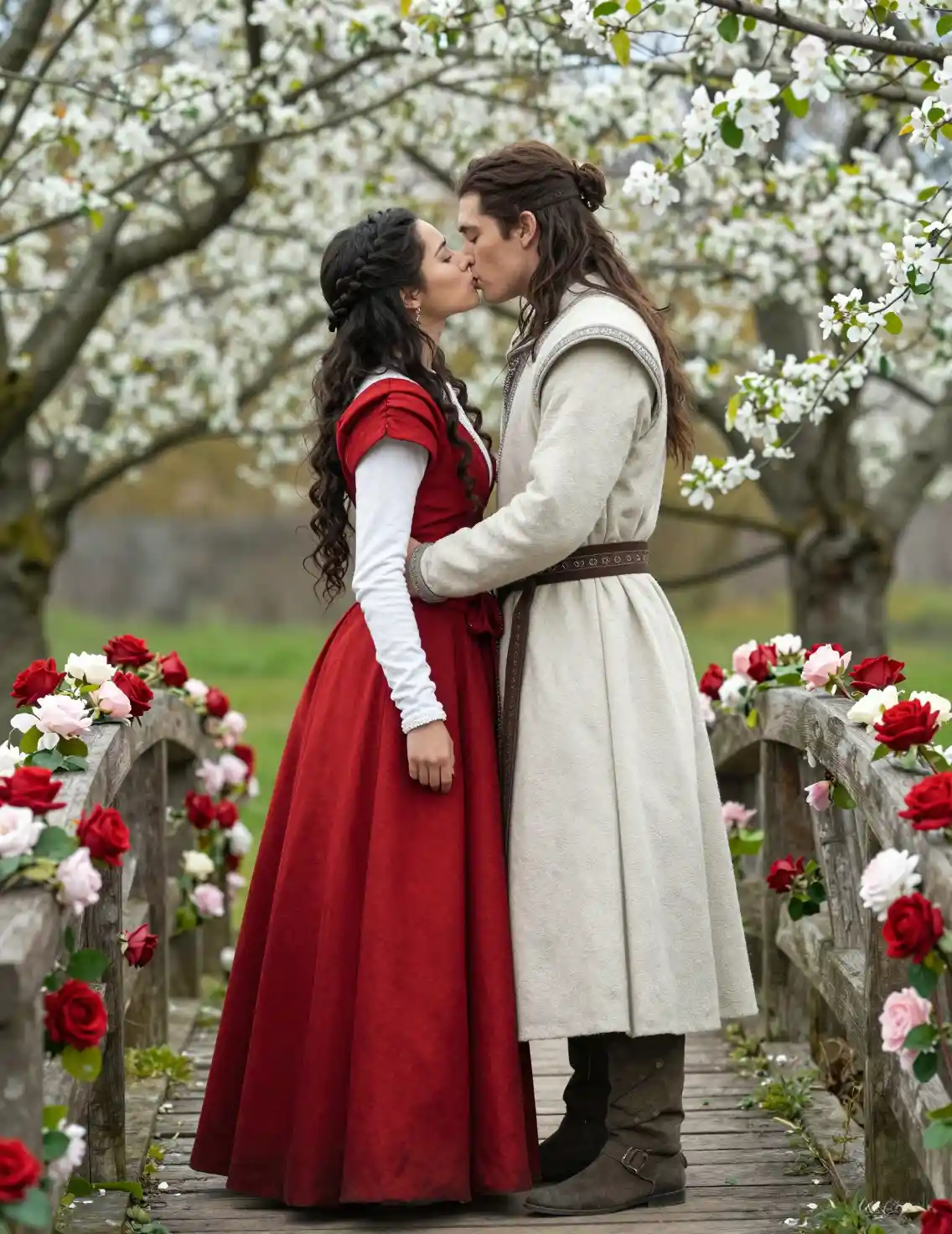 Asian couple kissing on a rose covered fantasy bridge