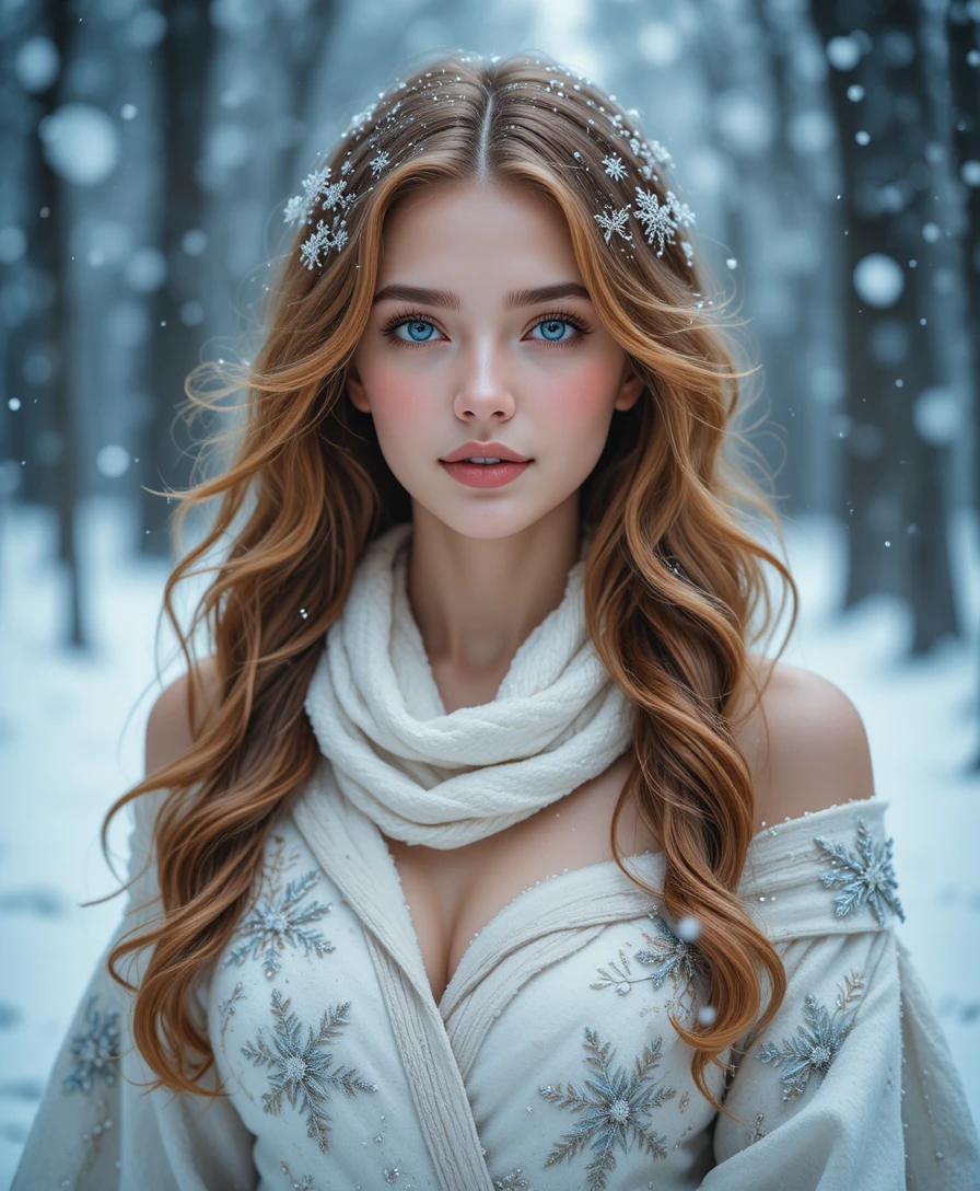 Elegant woman in white coat in a snowy forest