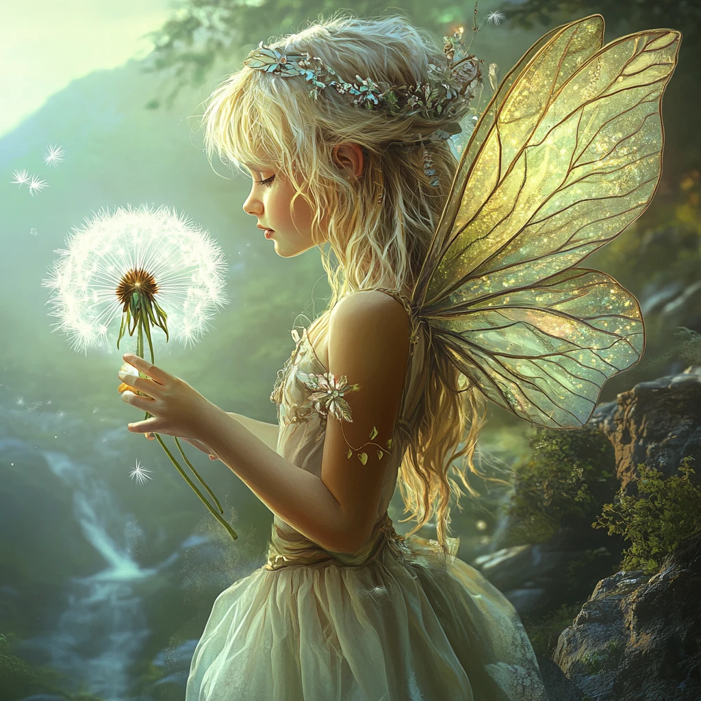 Fairy girl holding giant dandelion in a magical forest
