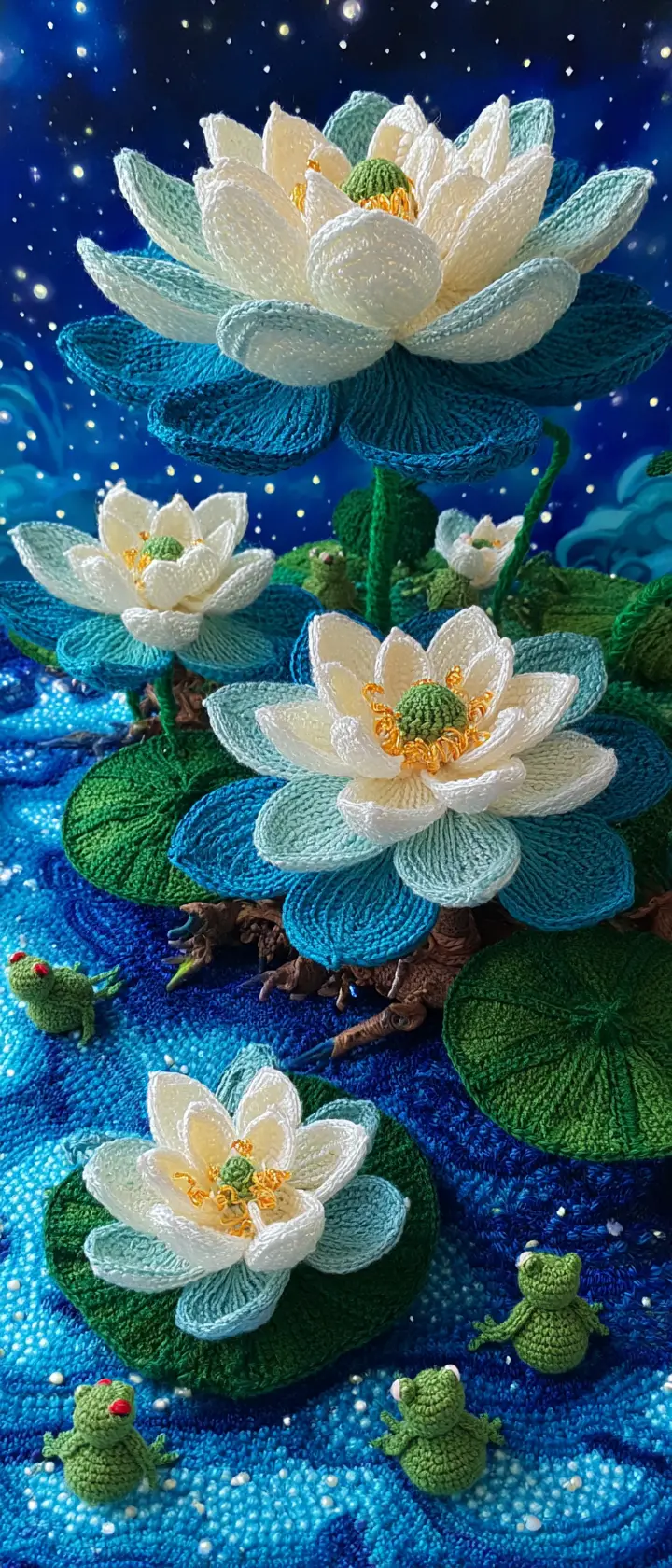 Serene Amigurumi Lotus Pond With Frogs And Rippling Yarn Water