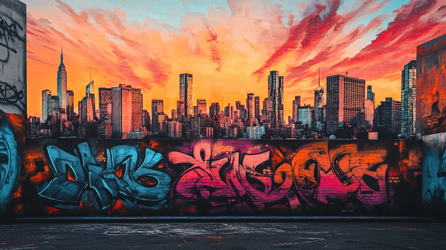 Colorido mural de graffiti de un paisaje urbano bajo un cálido cielo al atardecer
