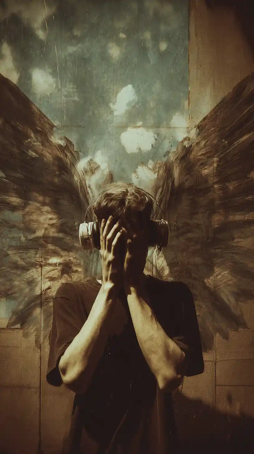 Fallen angel emerging from the fiery depths of hell