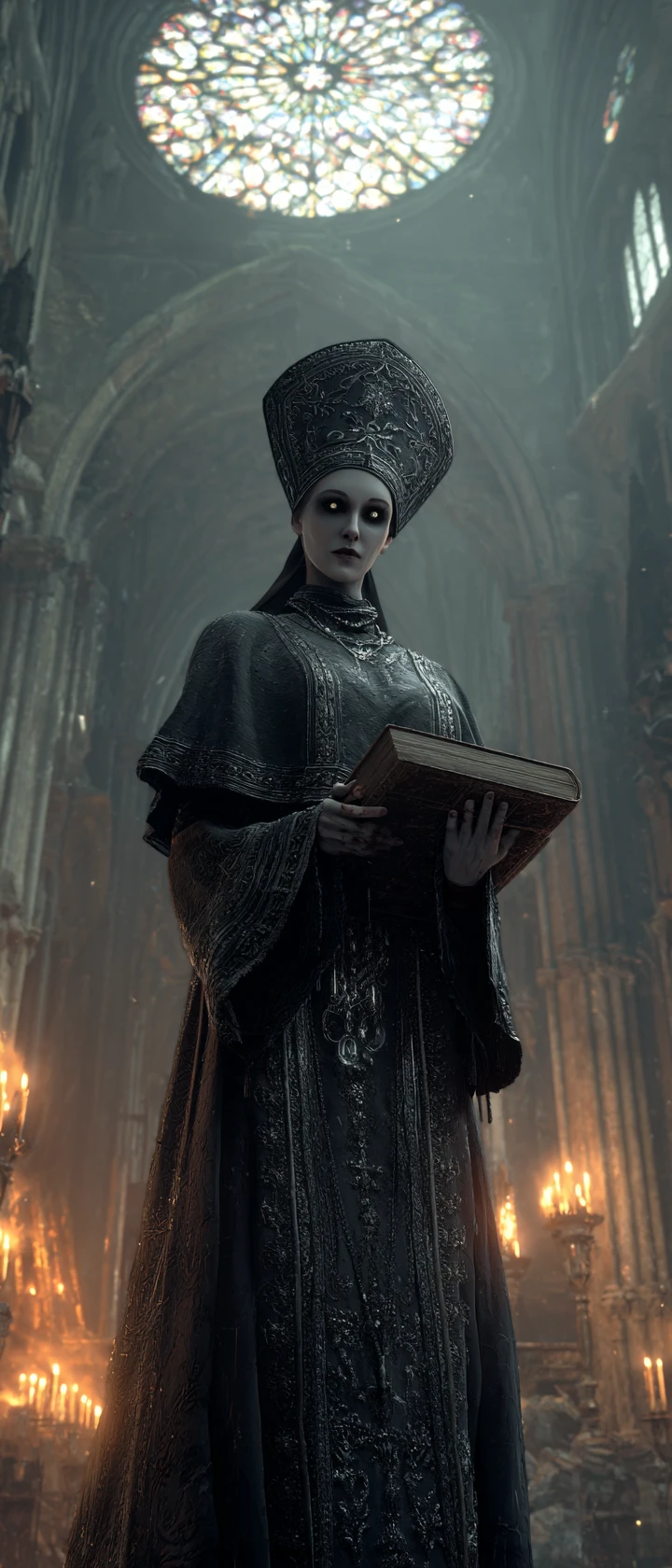 Gothic nun standing in burning cathedral ruins at night