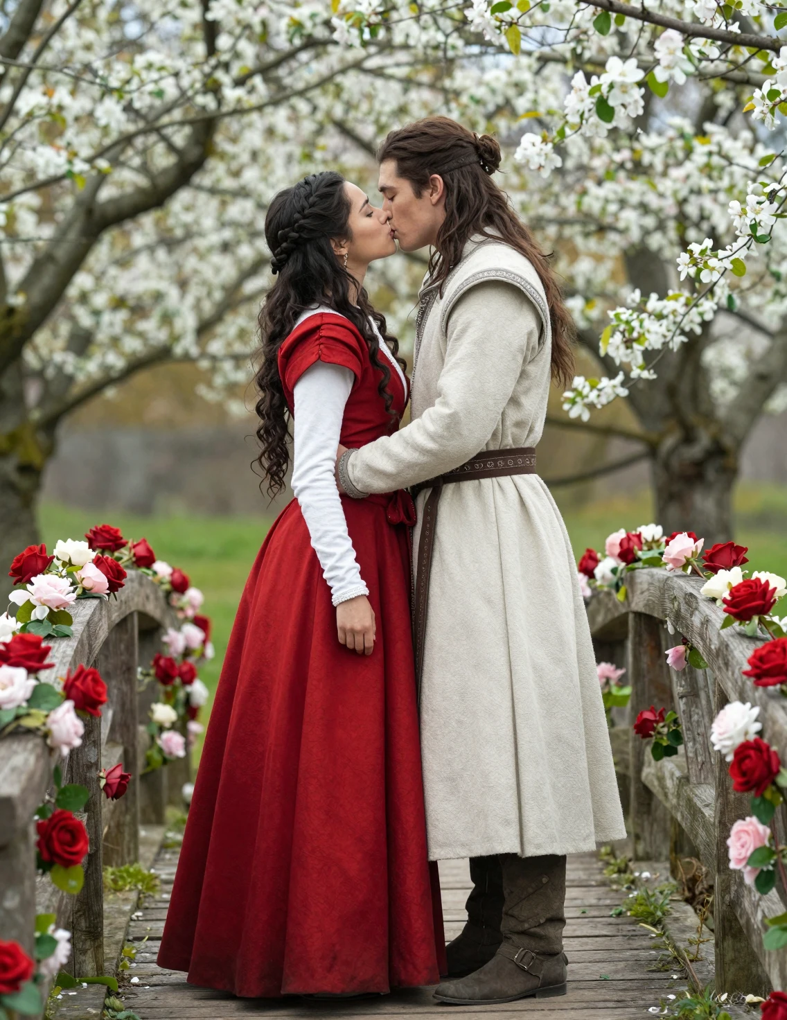 Asian couple kissing on a rose covered fantasy bridge