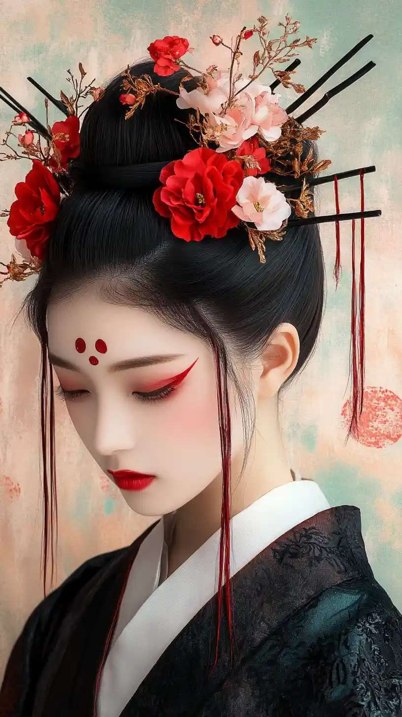 Japanese woman in floral hair ornaments with closed eyes