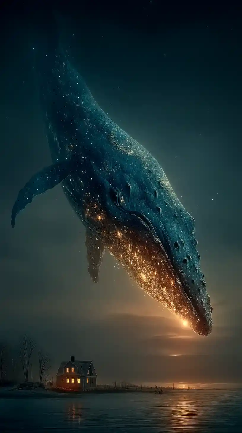 Blue whale drifting through a luminous starry night sky