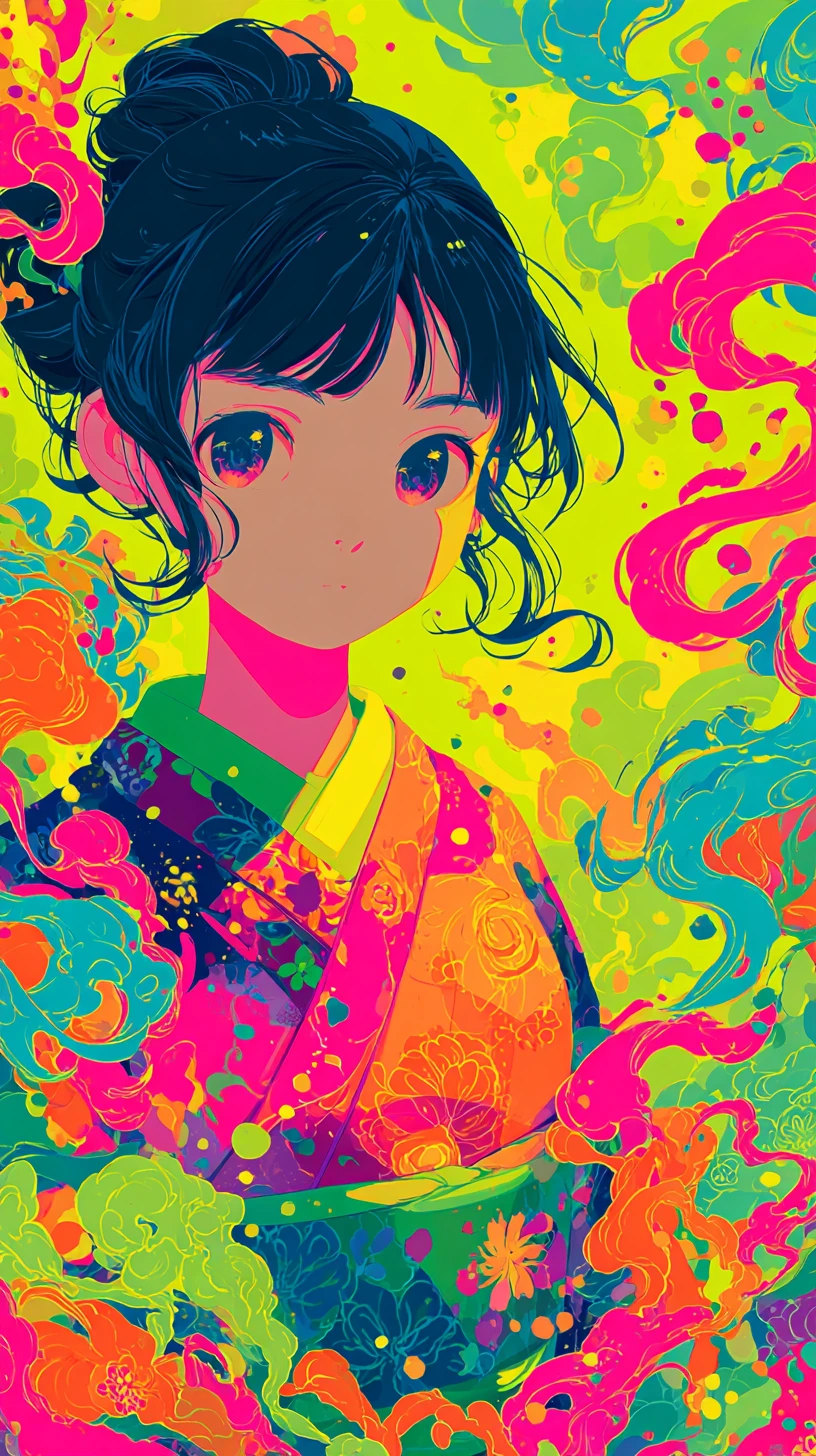 Chica de anime en aura floral abstracta de neón brillante