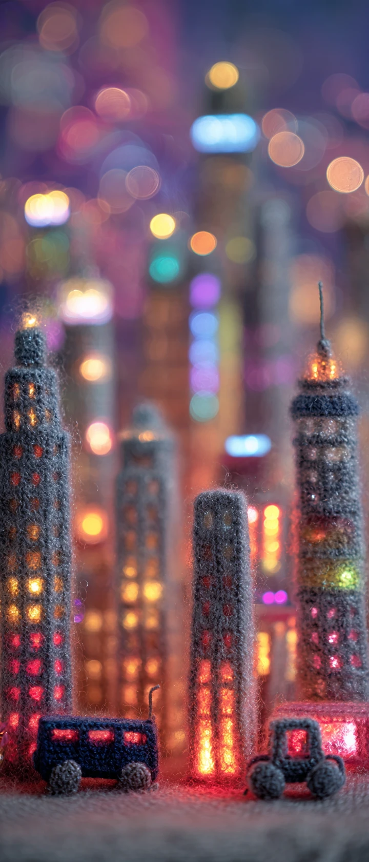 Futuristische Amigurumi-Garn-Stadtsilhouette in der Dämmerung