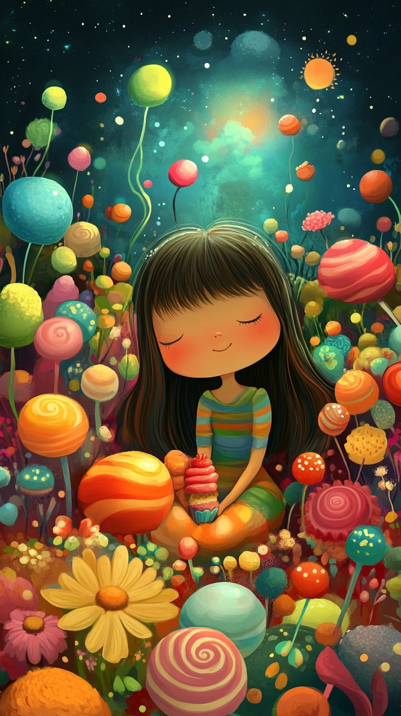 Niña en un mundo mágico de dulces con animales adorables