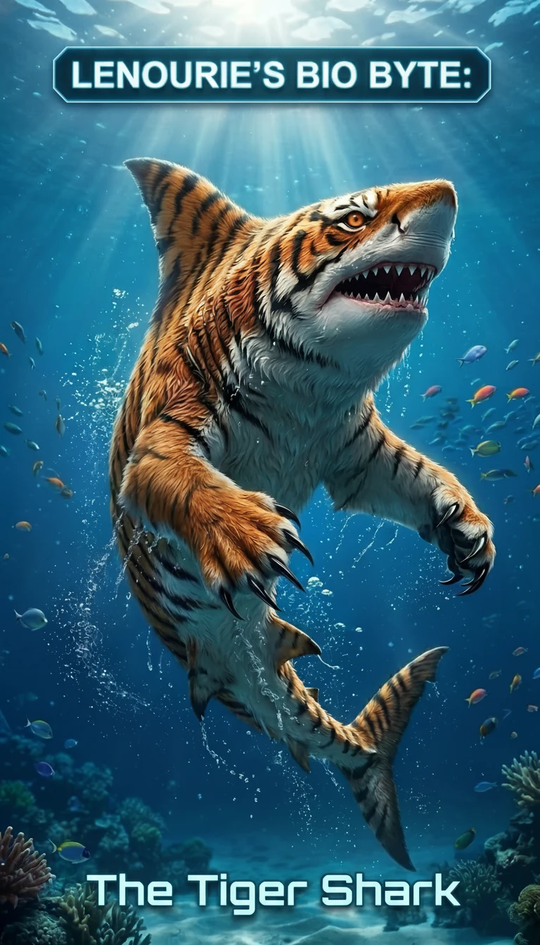 Híbrido de tiburón con pelaje de tigre deslizándose por el agua azul del océano