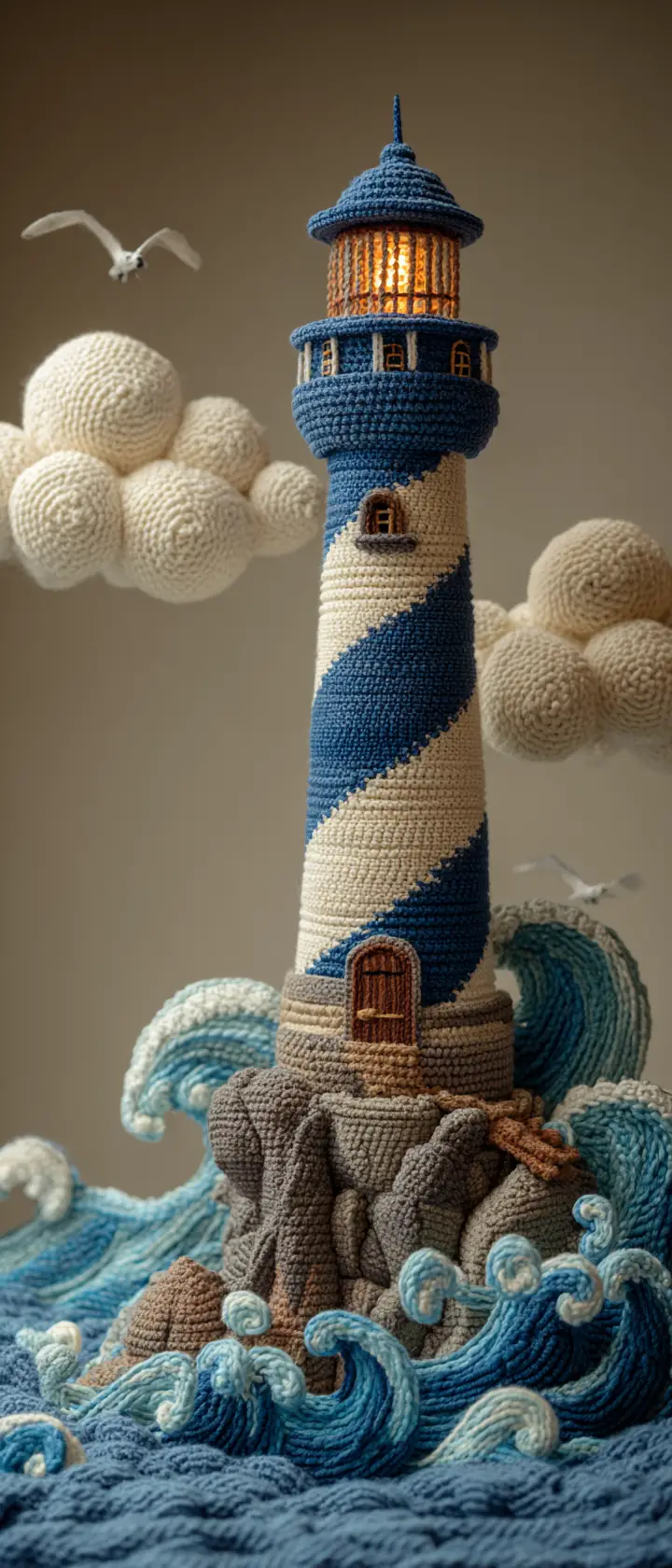 Crocheted lighthouse towering over stormy yarn sea waves