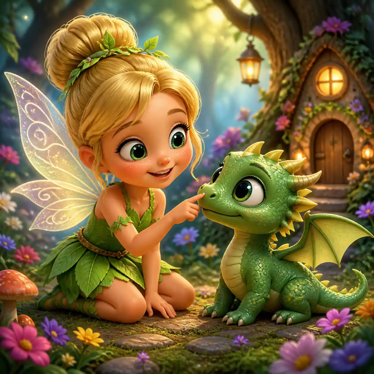 Blonde fairy girl with baby dragon in colorful forest