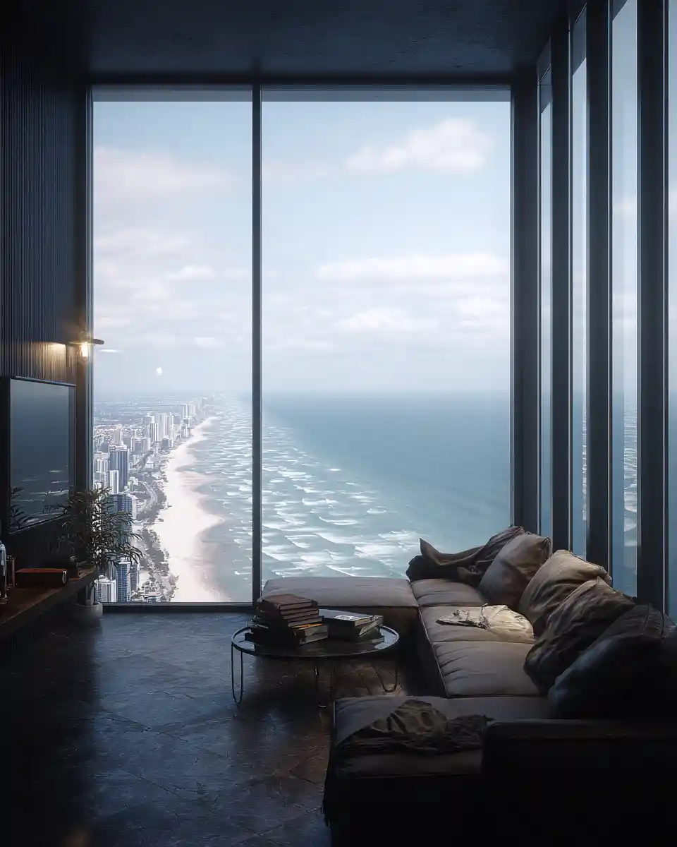 Soggiorno moderno con vista panoramica sul mare e sulla città
