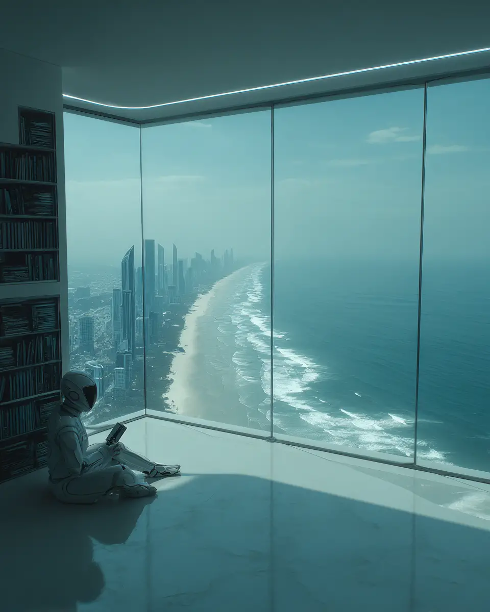 Futuristic living room and office with panoramic ocean view