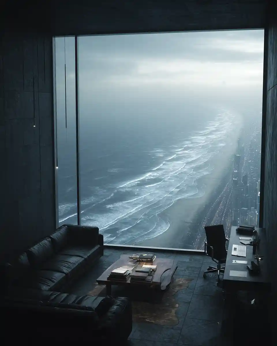 Futuristic high rise living room overlooking ocean and beach