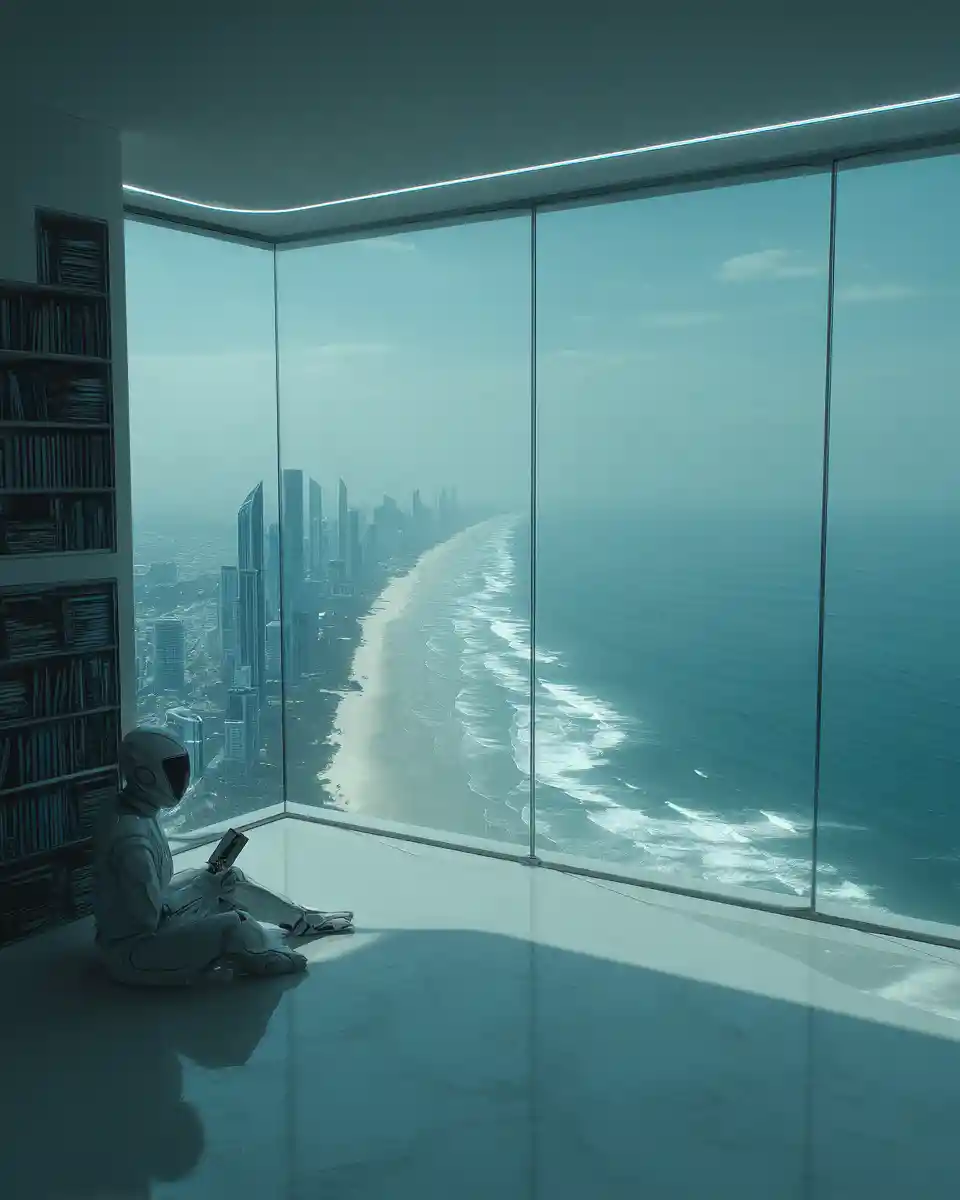 Soggiorno e ufficio futuristici con vista panoramica sull’oceano