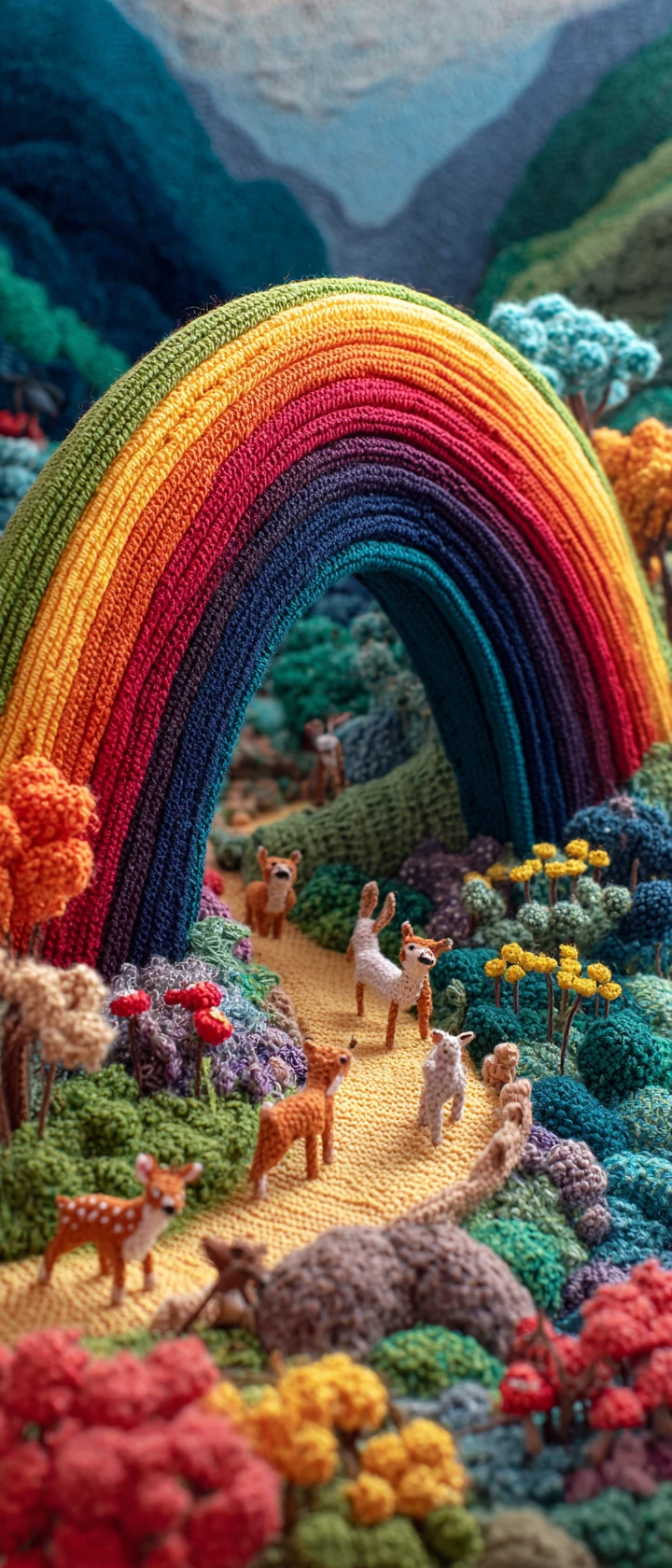 Puente Arcoíris Amigurumi sobre el Valle de Peluche Neblinoso