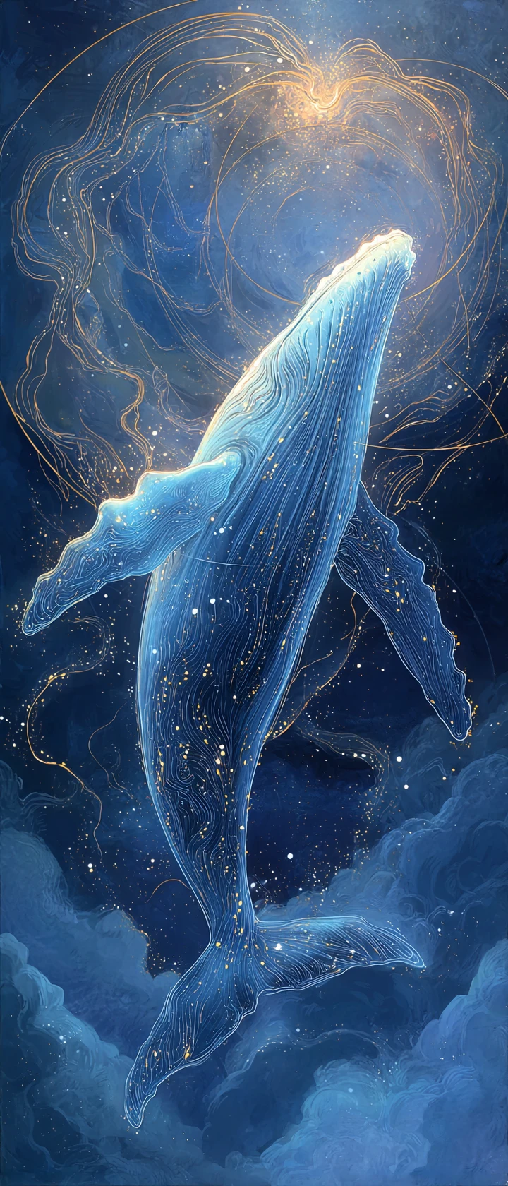 Ancient Starlit Whale Leaping From Cloud Ocean Into Galaxy