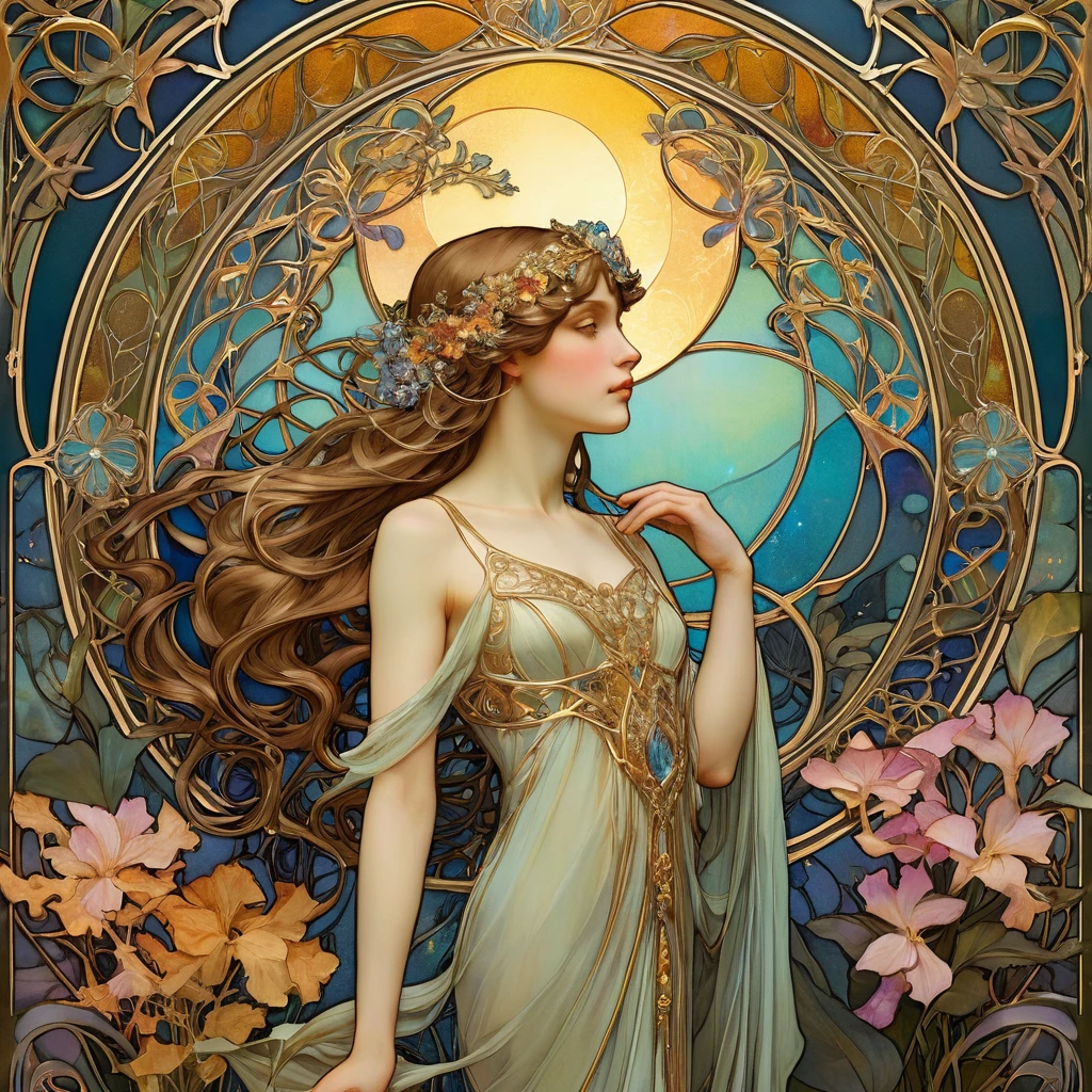 Mystical fantasy scene with art nouveau gold filigree glow