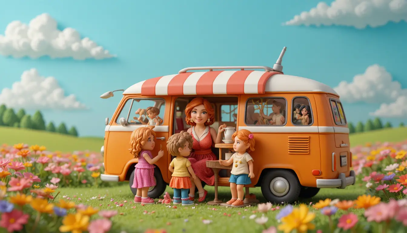 Curvy red haired woman smiling beside her orange van