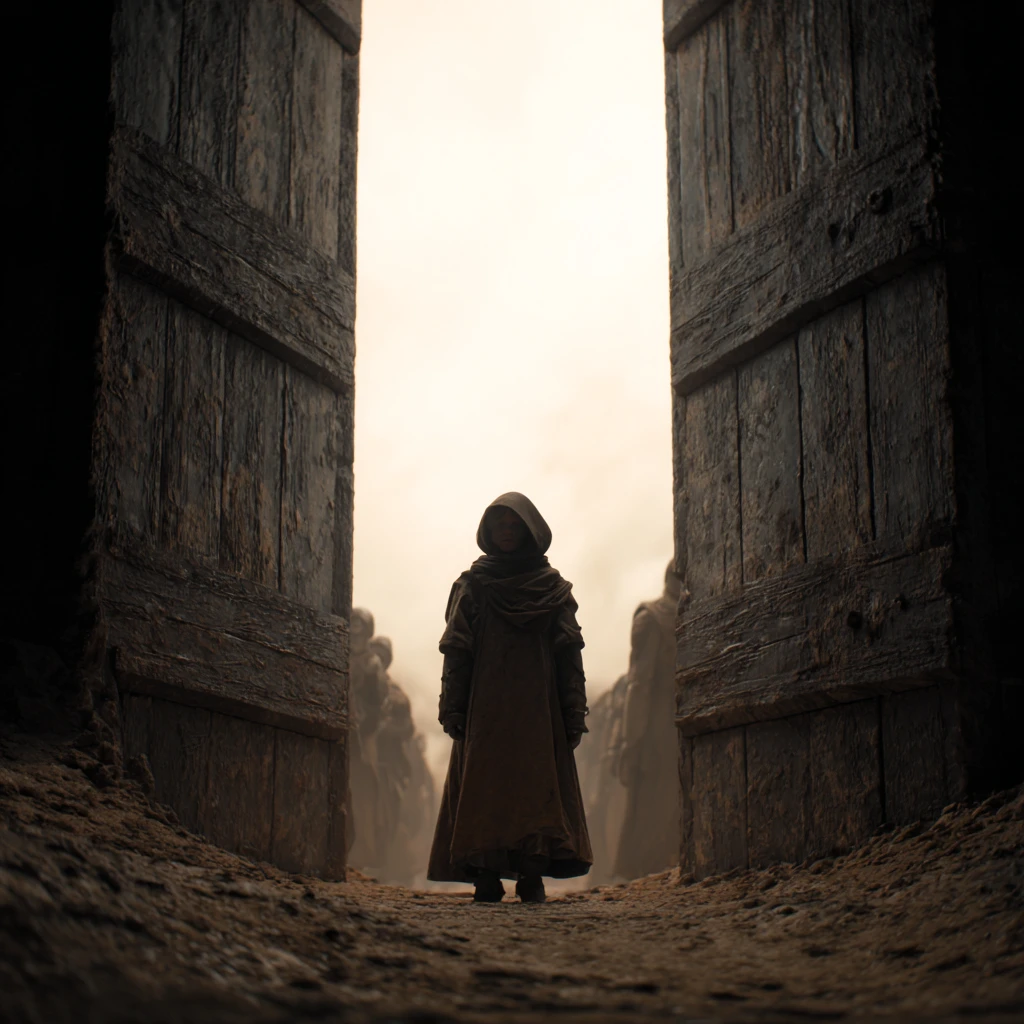 Young apprentice at the gate of a mountain monastery