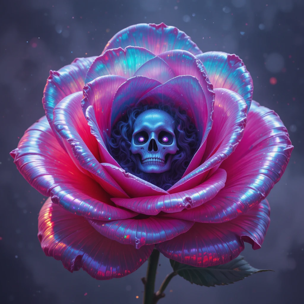 Giant iridescent rose with haunting images inside each petal