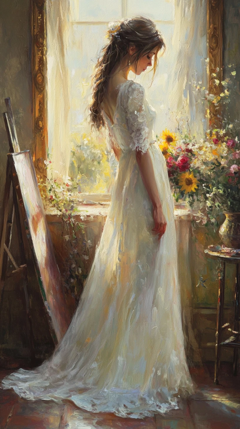 Ethereal woman stepping from an oil painting in warm light