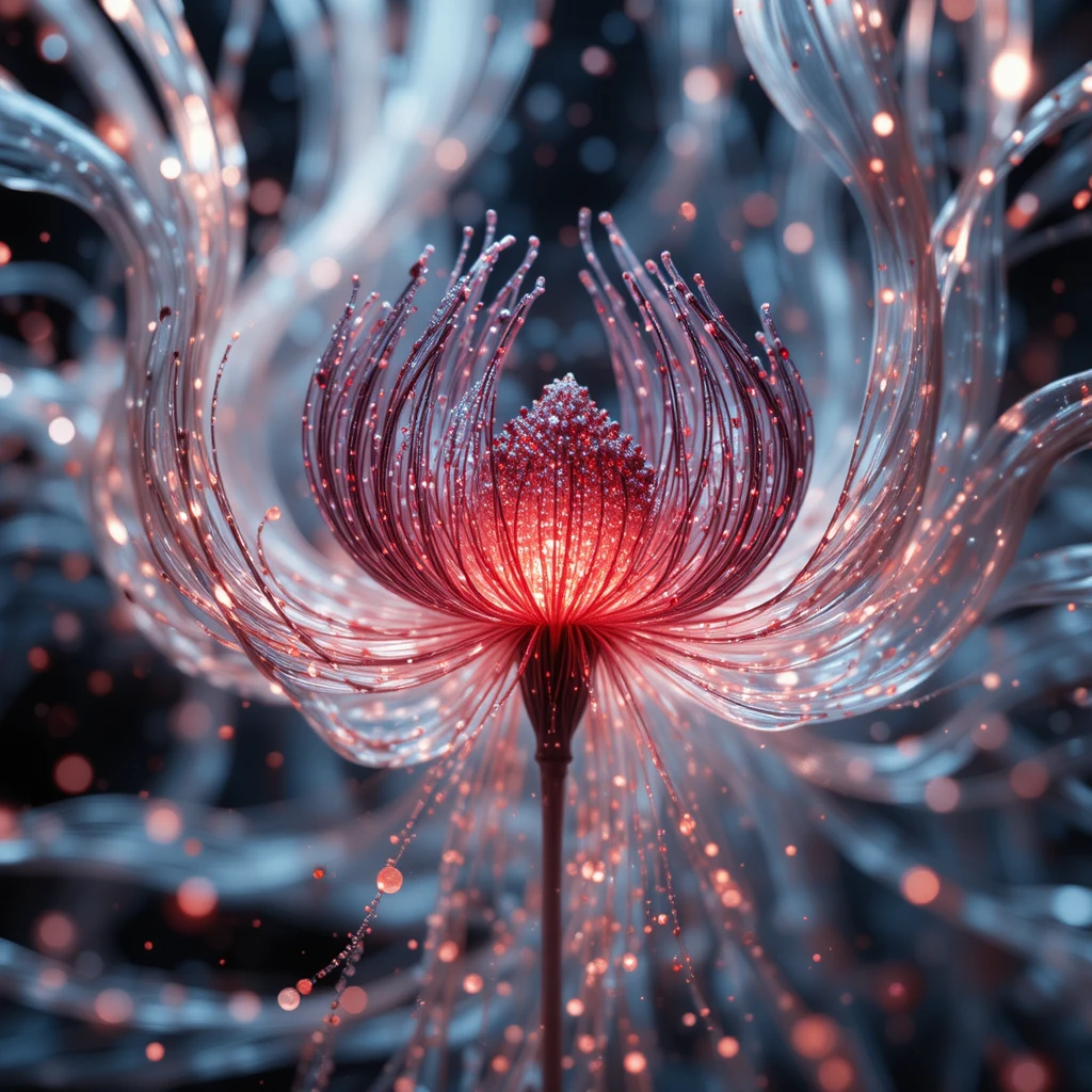 Close up orchid with flowing luminous filaments of light