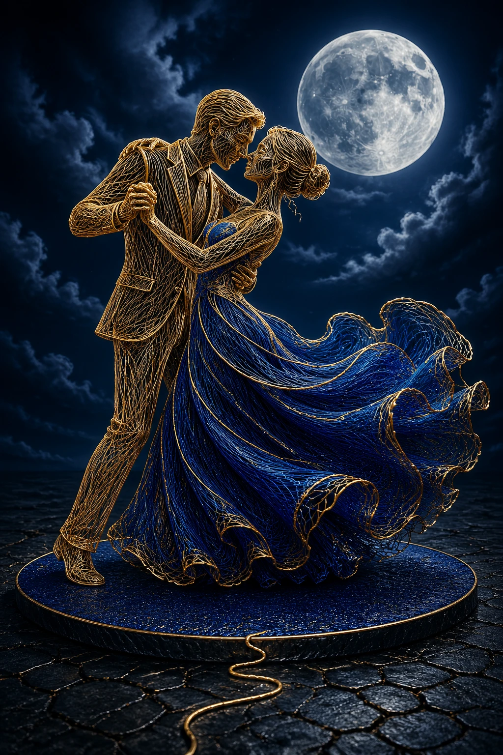Golden couple dancing under a glowing full moon