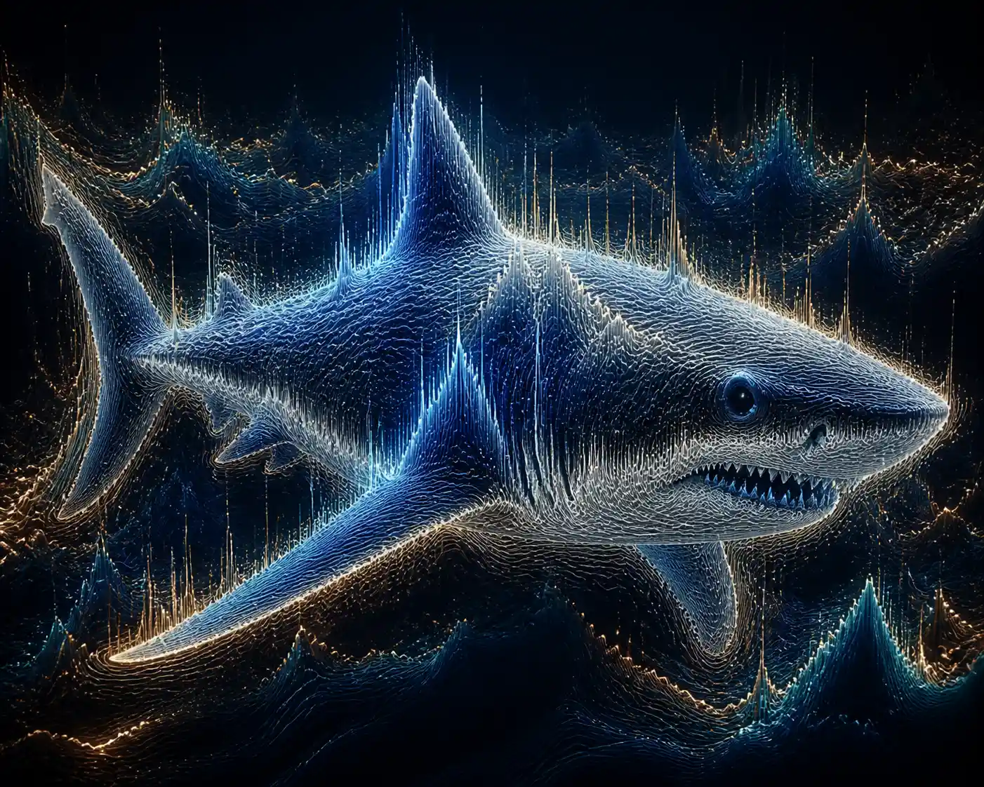 Spectral shark formed from luminous bronze and turquoise waves