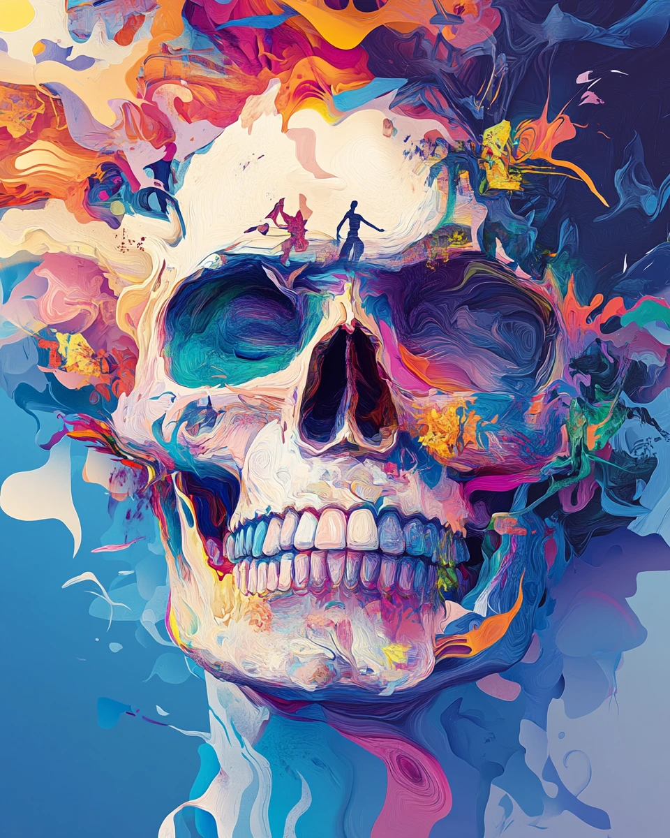 Rostro de calavera surreal lleno de mundos digitales vívidos
