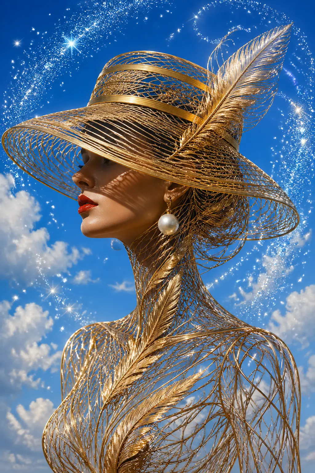 Femme dorée en fil de fer avec chapeau sur fond de ciel bleu éclatant
