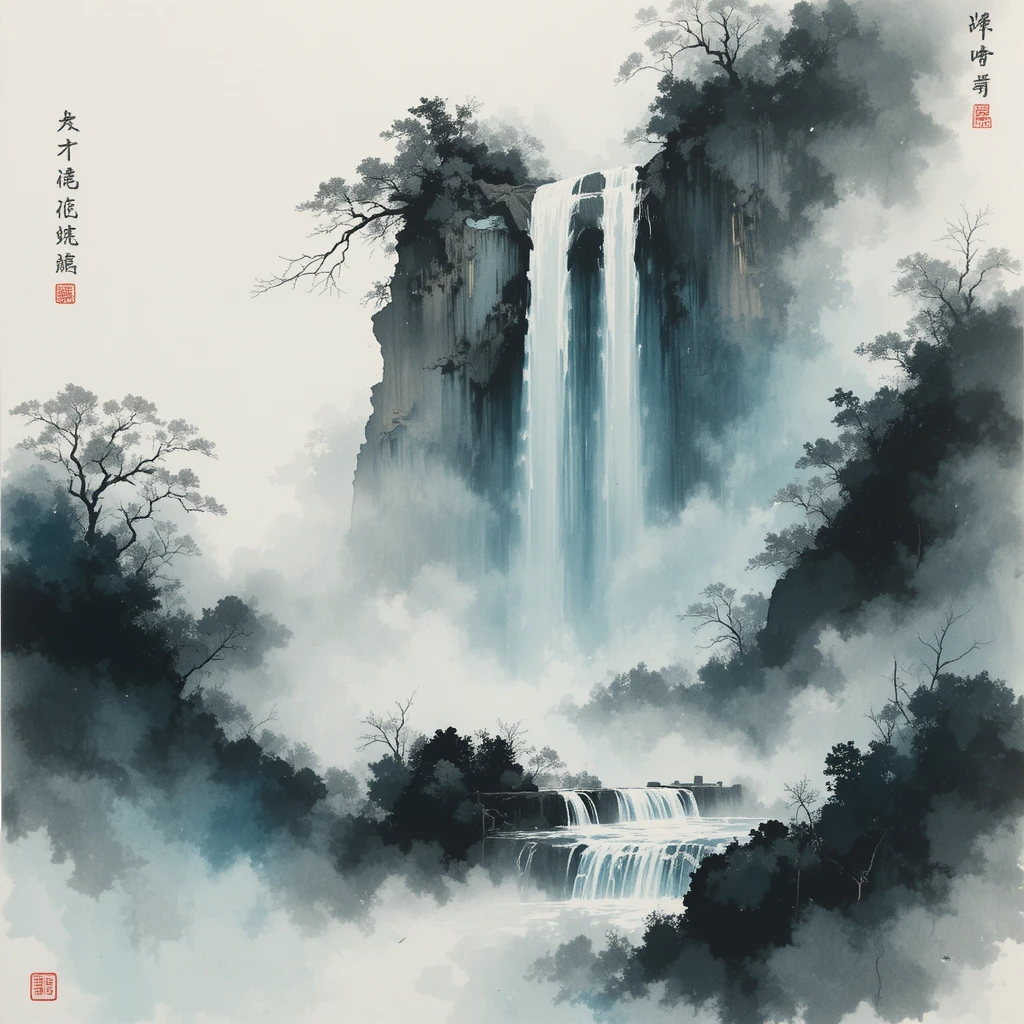 Minimalist ink wash waterfall in soft misty tones