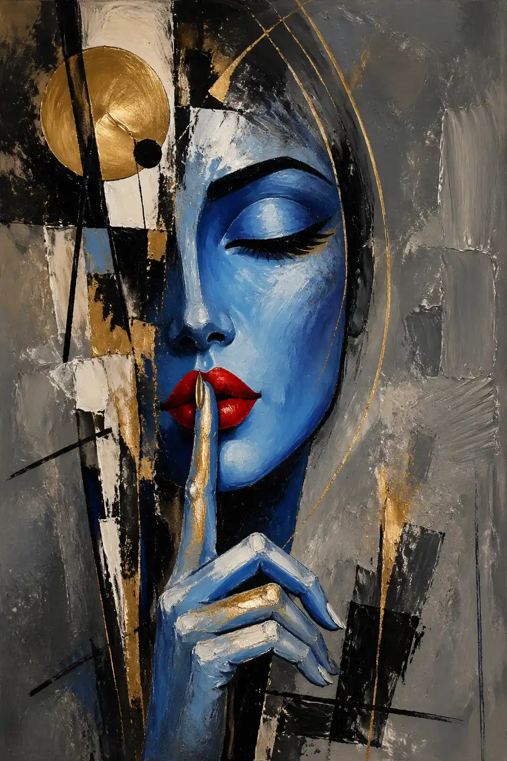 Abstract blue woman portrait with finger of silence