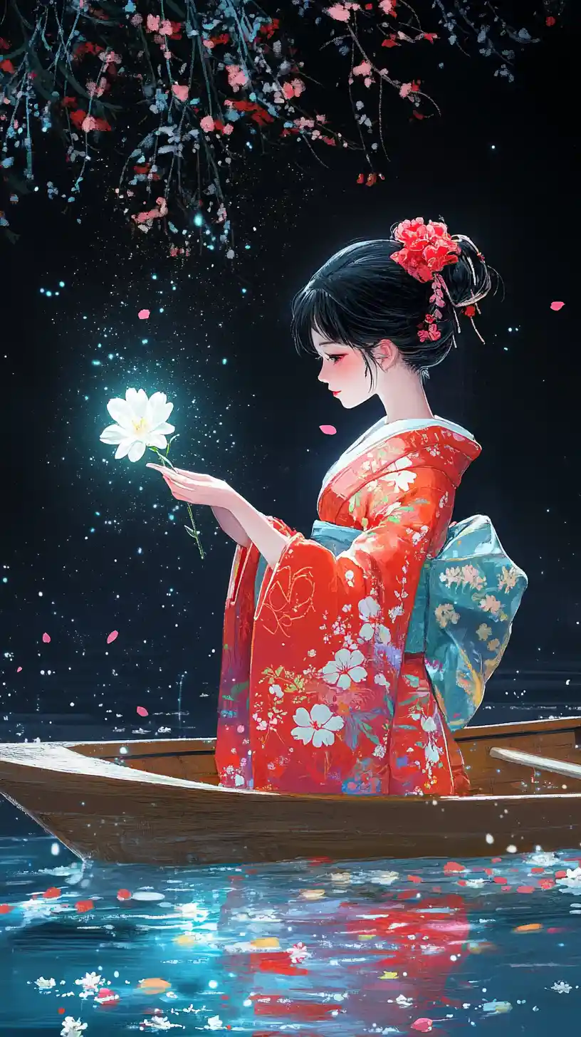 Japanese woman in red kimono holding a glowing flower