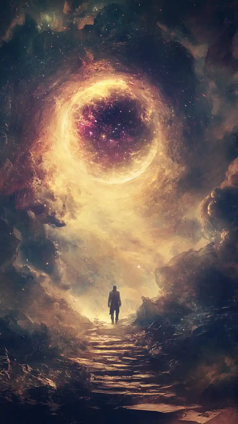 Figure gazing toward a distant backlight from darkness