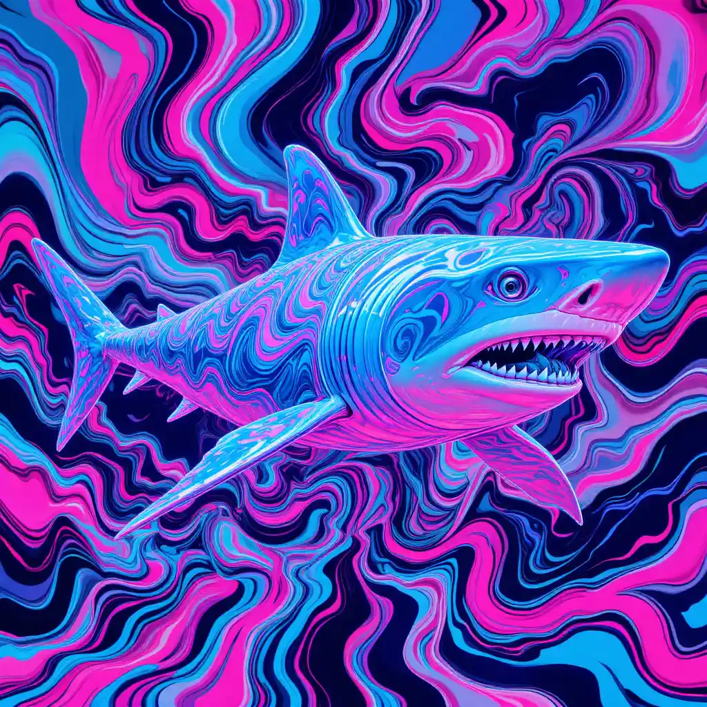 Psychedelic shark in swirling neon marbled waves
