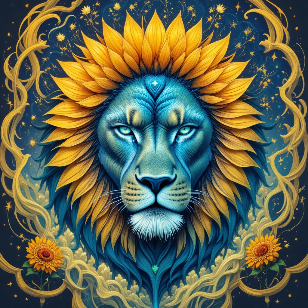 Mystical sunflower mane lion with swirling abstract energy
