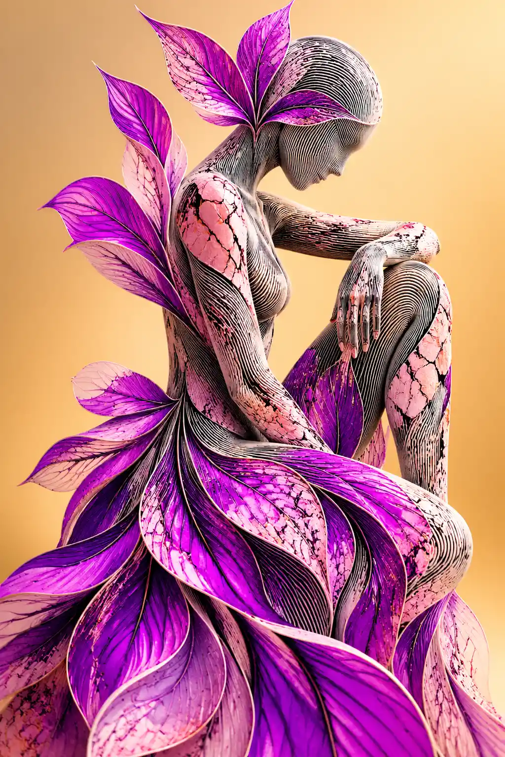 Abstract humanoid sculpture figure in flowing purple forms