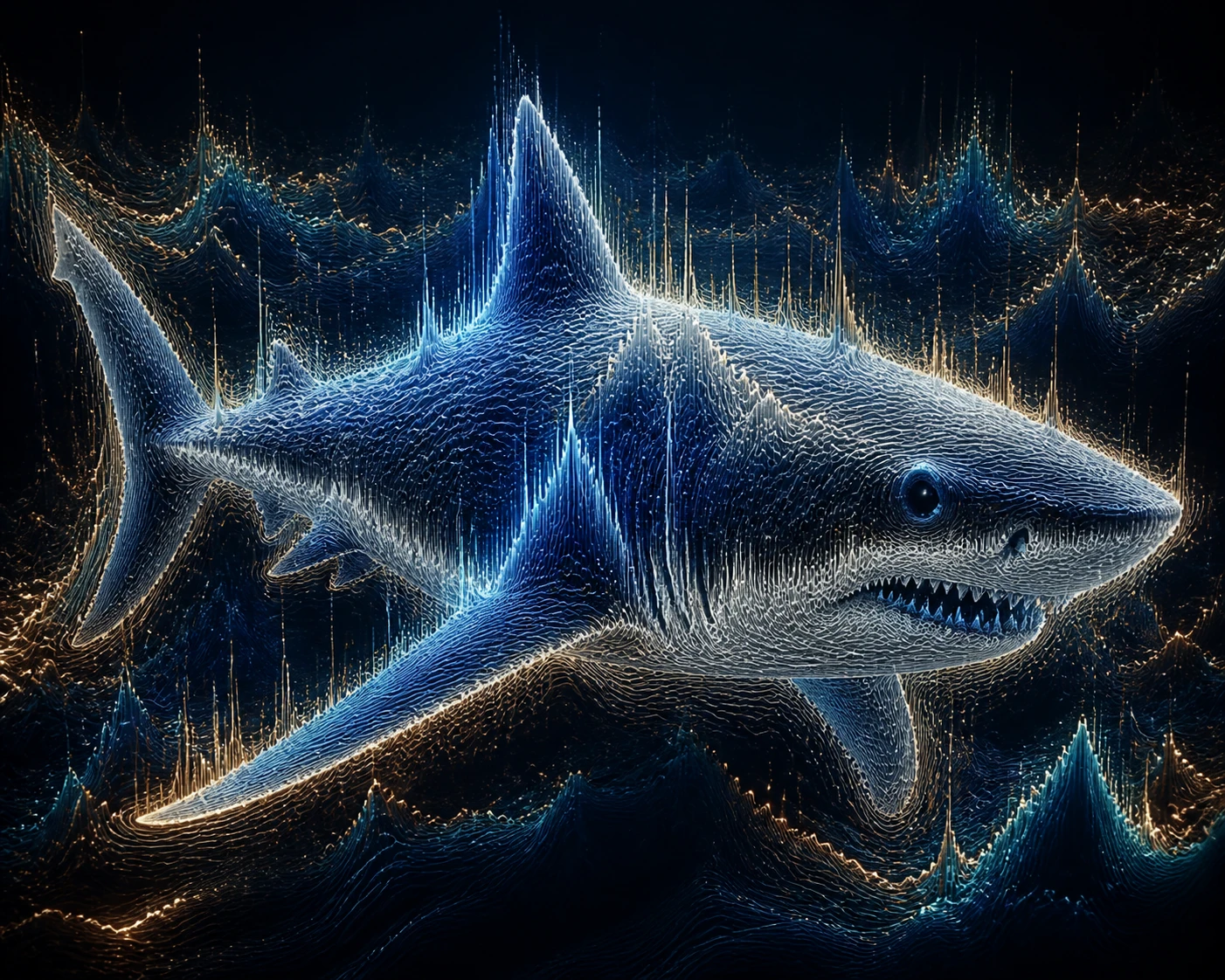 Spectral shark formed from luminous bronze and turquoise waves