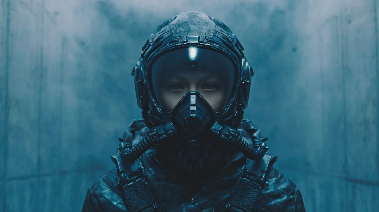 Ominous Futuristic Warrior Commander In Rain Soaked Sci Fi City