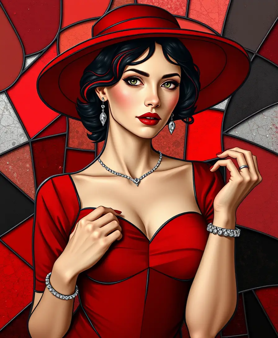 Ritratto in stile vetrata di una donna con abito rosso