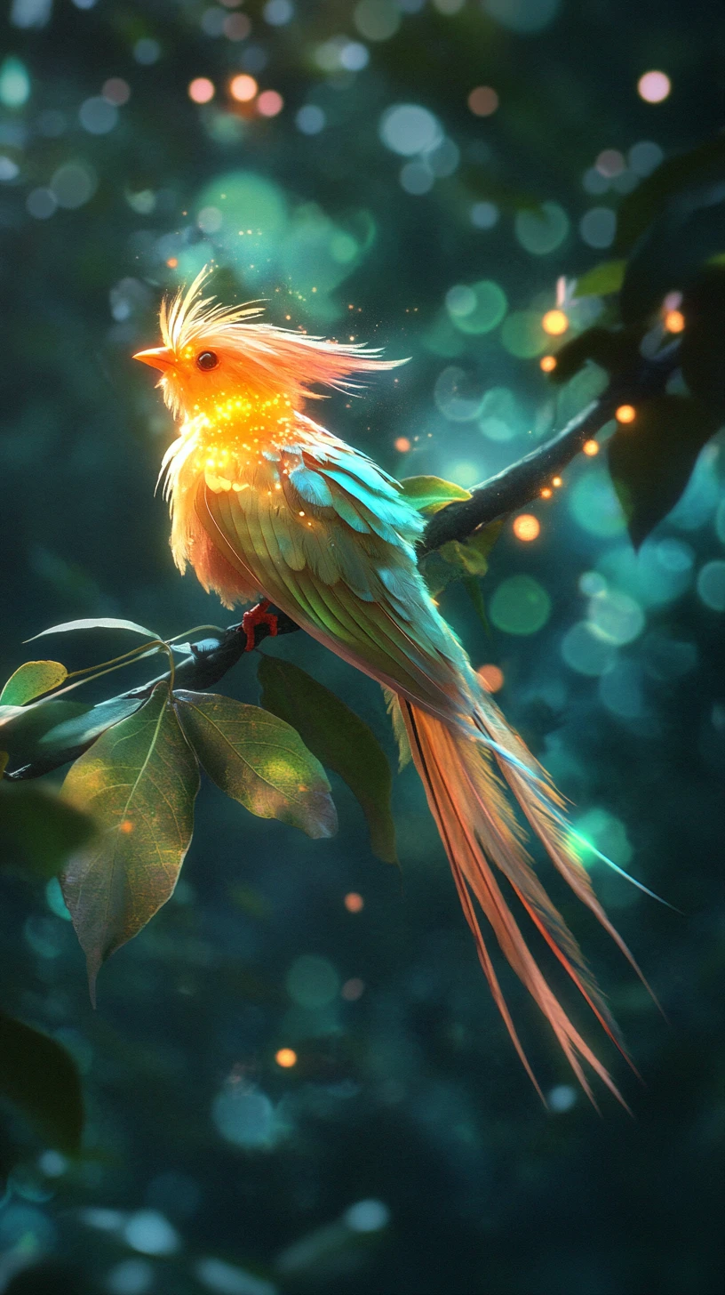 Glowing Fantasy Bird Singing Among Enchanted Forest Branches