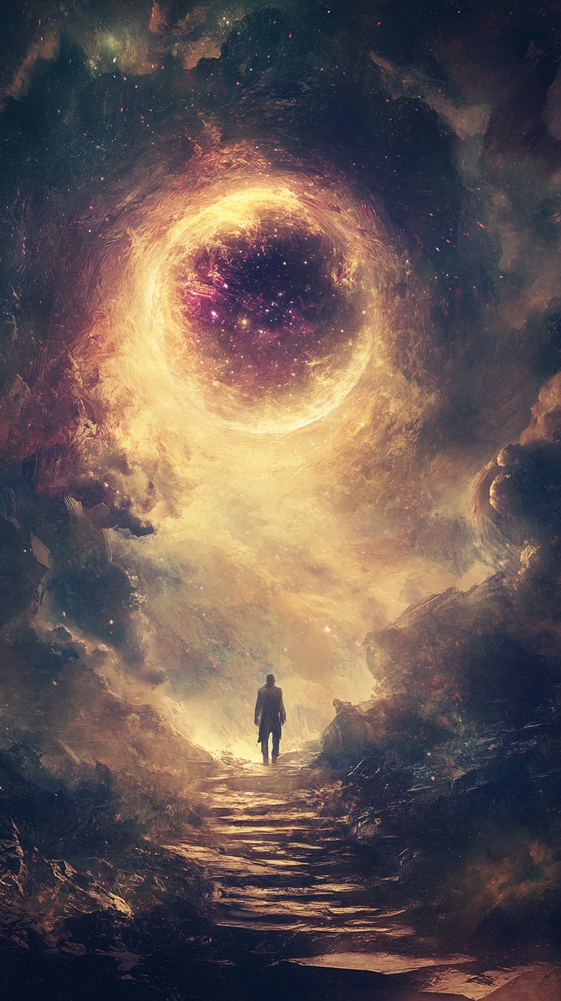 Figure gazing toward a distant backlight from darkness