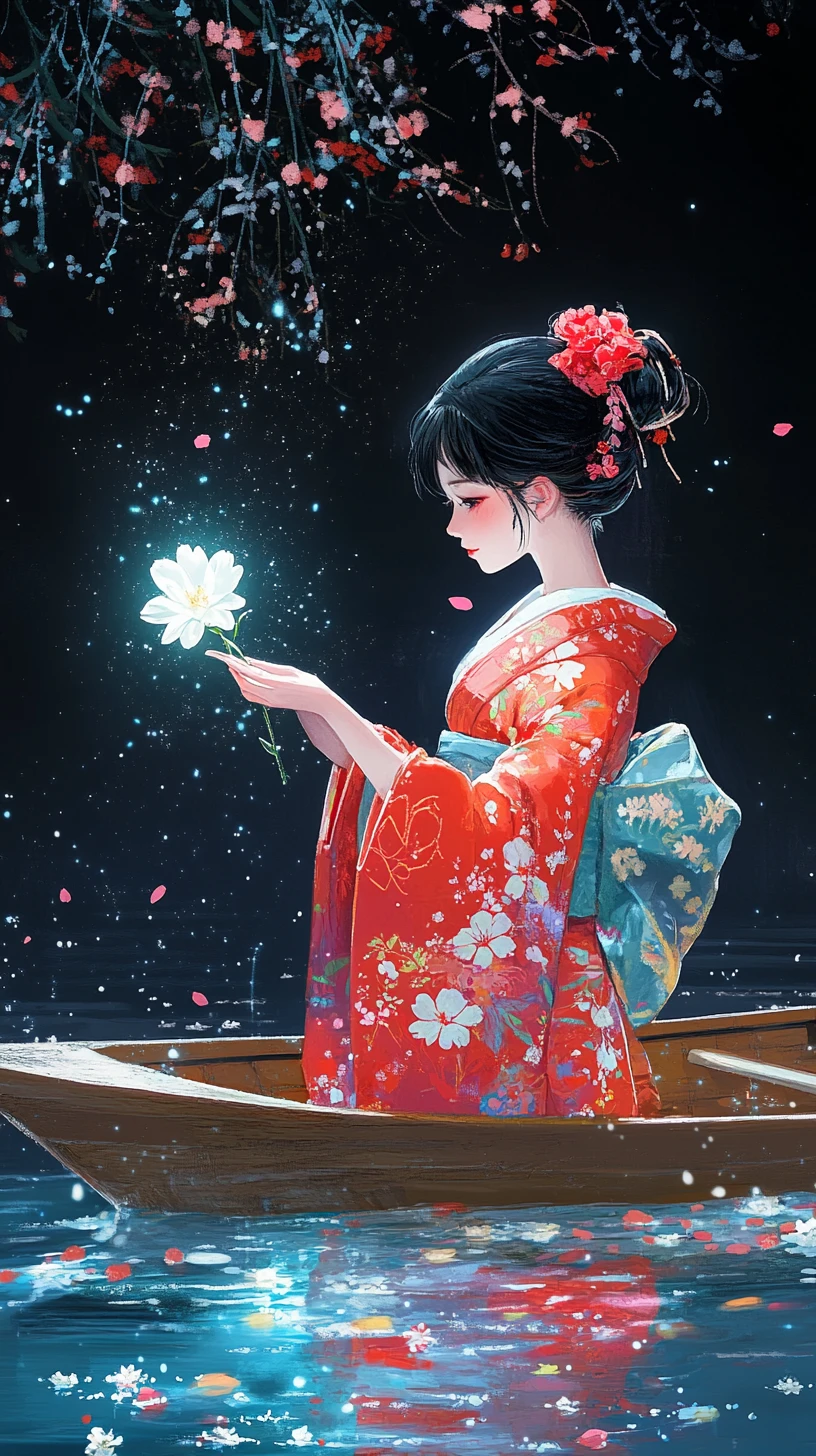 Mujer japonesa con kimono rojo sosteniendo una flor luminosa